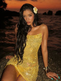 Beaded Tassel Dress Women Sequin 3d Flower See Through Backless Sleeveless Sexy Beach Party Midnight Mini Bodycon