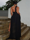 Weird Puss High Split Tassel Dress Women Y2K Sexy Backless Sleeveless Irregular Collar Midnight Banquet Vacation Skinny Vestidos