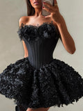 Sexy 3D Floral Mini Dress for Women Sweetheart Neck Sleeveless Fish Bone Tunic Birthday Party Flirty Skirt Female Clothing
