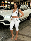 Patchwork 2-Piece Set Women Backless Halter Low-Neck Vest+Folds Elastic Waist Short Fashion Polka Dot Print Suits