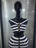 High Quality Women Sexy Slash Neck Striped 2 Pieces Bodycon Midi Bandage Dress Nightclub Party Celebrate Evening Clothing