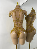 Sparkly Rhinestonnes Mesh Transparent Bodysuit Sexy Women Performance Nightclub Stage Outfit Luxury Festival Costume