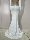 Luxury Sparkly Diamonds Pearl White See Through Mesh Long Dress Women Wedding Evening Party Stage Performance Photoshoot Dress