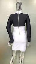Women's Gold Button Black White Color Matching Dress Fashion Personality Bandage Evening Gown Performance Costume Abiti Da Festa