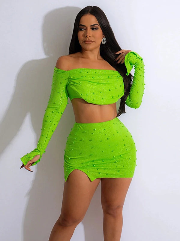 Sexy Women Sexy Top Bodycon Skirt Ruched 2 Piece Mini Dress Rhinestone Pearl Beading Summer Club Party Dress Sets Vestido