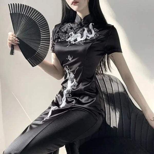 Modern Chinese Stand Collar Gothic Dress Emboridery Dragon Qipao Black Sexy Vintage Evening Party Vestido Long Dresses Cheongsam