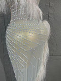 Sexy Sheer Mesh Pearl Beaded Feather Trim Strapless Mermaid Evening Dress for Birthday Party