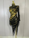 Women One Shoulder Latin Dance Outfits Sexy Leopard Print Sparkly Diamond Tassel See-Through Dress Nightclub Party Stage Costume