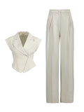 Office Spliced Folds Two Piece Set for Women Lapel Sleeveless Top High Waist Wide Pant Minimalist Suit Female New