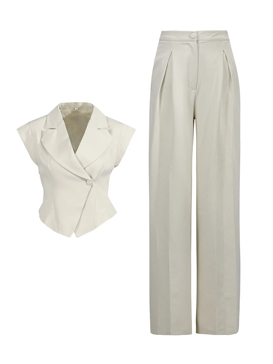 Office Spliced Folds Two Piece Set for Women Lapel Sleeveless Top High Waist Wide Pant Minimalist Suit Female New