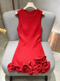 Sleeveless Crew Neck Knit Mini Dress for Women Solid Color 3D Layered Ruffle Trim Bodycon for Club Cocktail Night Out Party