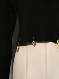 Fashion Spliced Metal Pin Two Piece Set for Women Stand Collar Long Sleeve Pullvers Mid Waist Bodycon Knee Skirt Suit Female