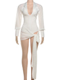 Sexy Backless Dress Women Polo-Neck See Through Full Sleeve Ruched Kink Ribbon Midnight Club Party Solid Mini Bodycon