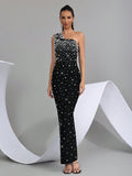 2026 New Sexy One Shoulder Pearl Bead Flower Maxi Long Bodycon Bandage Dress Women Elegant Evening Club Party Outfit