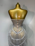 Women Sexy Strapless Rhinestone Tassels Maxi Long Dress Luxury Birthday Party Bar Nightclub Celebrity Stage Performance Outfit