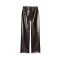 Women's Brown Faux Leather Pants Set Fashion Lapel Single Breasted Cropped Jacket Wide Leg Trouser Lady Autumn Chic Outfits