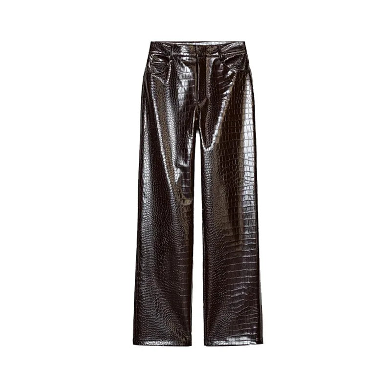 Women's Brown Faux Leather Pants Set Fashion Lapel Single Breasted Cropped Jacket Wide Leg Trouser Lady Autumn Chic Outfits
