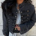 Cropped Denim Jacket Women Stand Collar Bell Sleeves Double Breasted Splicing Retro Fashion Biker-Style Coat Autumn 2026