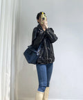 Women's Motorcycle Leather PU Imitation Leather Loose Jacket Black Jacket