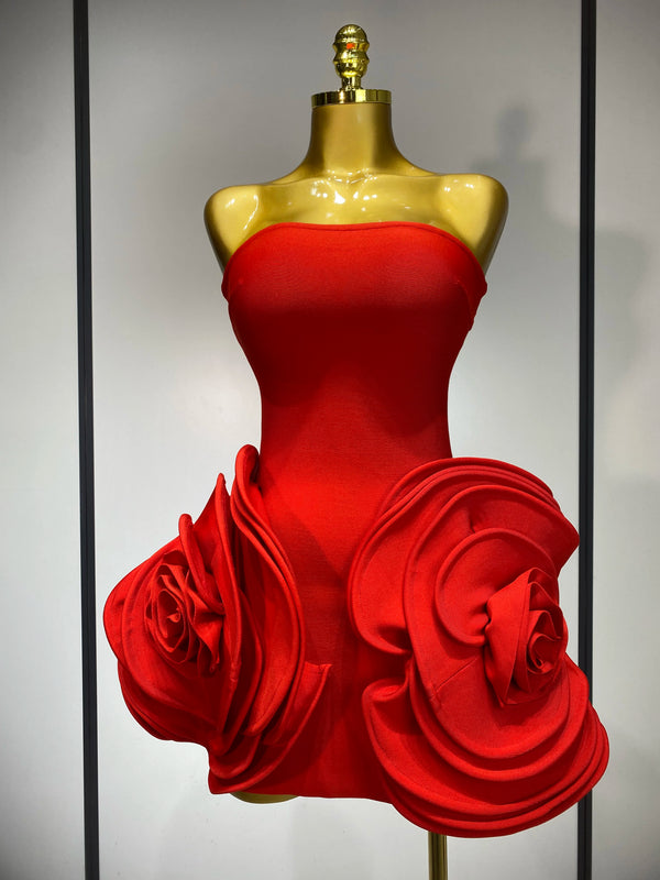 Celebrity Sexy Strapless Backless Flower Red Mini Bodycon Bandage Dress 2025 Knitted Elegant Evening Club Luxury Birthday Dress