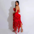 Women Summer Strapless Ruffles Tassel Dress Women Glamour Red 3D Flower Irregular Party Dress Celebrity Outfits Clubwear