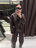 Women's Brown Faux Leather Pants Set Fashion Lapel Single Breasted Cropped Jacket Wide Leg Trouser Lady Autumn Chic Outfits