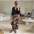 Bow Tie Neck Women Floral Print Set Long Puff Sleeve Cuff Trim Loose Blouse Vibrant Ethnic Midi Skirt Straight Hem Street Daily