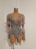 Sexy Sparkling Crystal Bodysuit Long Sleeve See Through Mesh JumpsuitEvening Party Bar Dancer Stage Wear For Female Singer