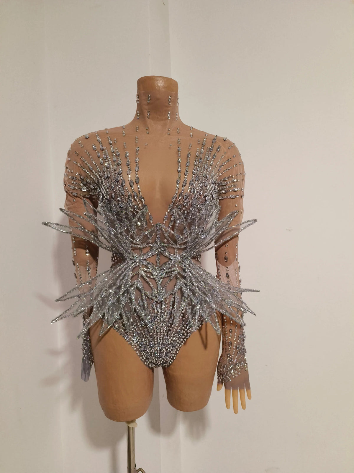 Sexy Sparkling Crystal Bodysuit Long Sleeve See Through Mesh JumpsuitEvening Party Bar Dancer Stage Wear For Female Singer