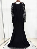 Diamonds Beaded Sequins Formal Evening Dress Lace Long Sleeves Mermaid Women's Gowns Trumpet Elegant Wedding Party Dress
