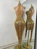 Sparkly Rhinestones Pearls Women Sexy Sleeveless High Split Mesh See Through Birthday Dress Nightclub Party Performance Costume