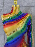 Luxurious Rainbow Fringe Dress with Rhinestone Detail and Single Sleeve Ideal Nightclub Women Carnival Party Rave Outfit