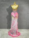Strapless Rhinestone Evening Gown 3D Leaf Feather Appliques Sheer Mesh LongDress Prom Birthday Party Performance Formal Costume