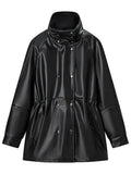 Black Slimming Leather Jacket for Women Lapel Long Sleeve Patchwork Double Breasted Fashionable Coat Female Autumn