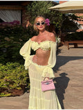 Sexy Off Shoulder Top Maxi Skirt Sets Chic Ruffled Sheer Chiffon Crop Tops High Waist Skirt 2026 New Lady Vacation Party Outfit