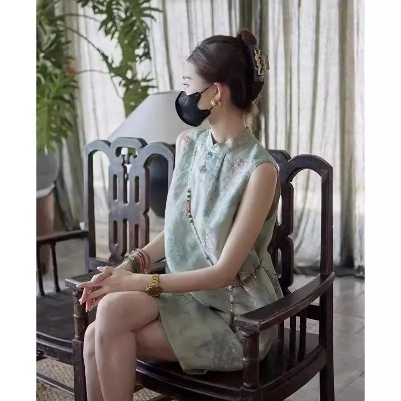 Improved Chinese Style Cheongsam Dress Summer Plus Size Women's Clothing Embroidery Qipao Long Floral Sleeveless Vest Dress
