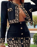 Women's Fashion Jacquard Metal Button Short Cardigan + Hot Mini Skirt Two Piece Set Business Casual Office Lady Outfit Robe Fête