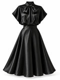 Satin Two Piece Sets for Women Bow Tie Mock Neck Blouse High Waist Flared A‑Line Maxi Skirt for Formal Banquet Party Wear