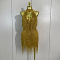 Shiny Rhinestone Tassel Gold Mini Dress Women Elegant Prom Gown Evening Party Sexy Nightclub Birthday Photoshoot Stage Costumes