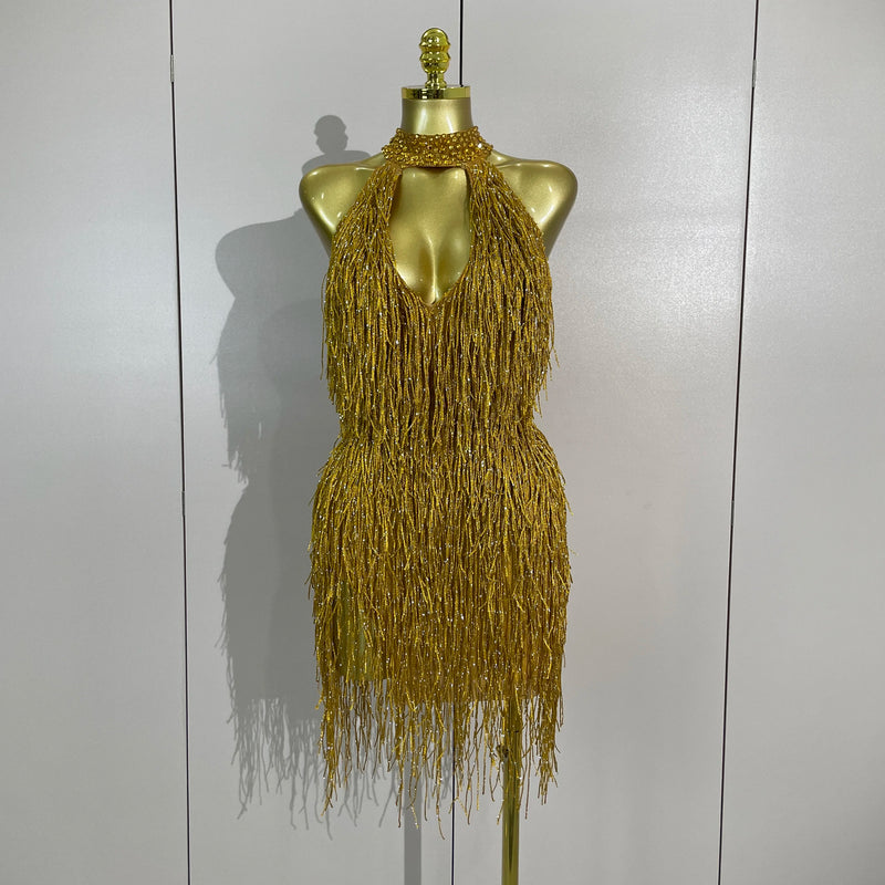 Shiny Rhinestone Tassel Gold Mini Dress Women Elegant Prom Gown Evening Party Sexy Nightclub Birthday Photoshoot Stage Costumes