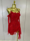 Women Sexy Strapless Backless Red Lace Split Mni Bodycon Dress With Gloves Celebrity Elegant Evening Club Birthday Party Outfit