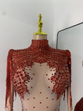Women Sexy Long Sleeve Spandex Beading Tassels Skiny Bodysuit Performance Dance Costume Nightclub Party Outfit