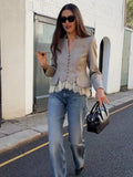 Fashion Lace Hem Peplum Suit Jacket Women V-neck Stand Collar Single Breasted Slim Fit Coat 2026 Vintage Office Casual Outerwear