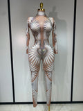 Sexy Long Sleeves Print Rhinestone Jumpsuits Drag Queen Show Stage Performance Costume Women Evening Party Nightclub Rompers