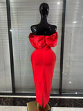 Red Color Women Sexy Off the Shoulder Beading Bodycon Long Bandage Dress Celebrate Fashion Evening Party Wedding Outfit