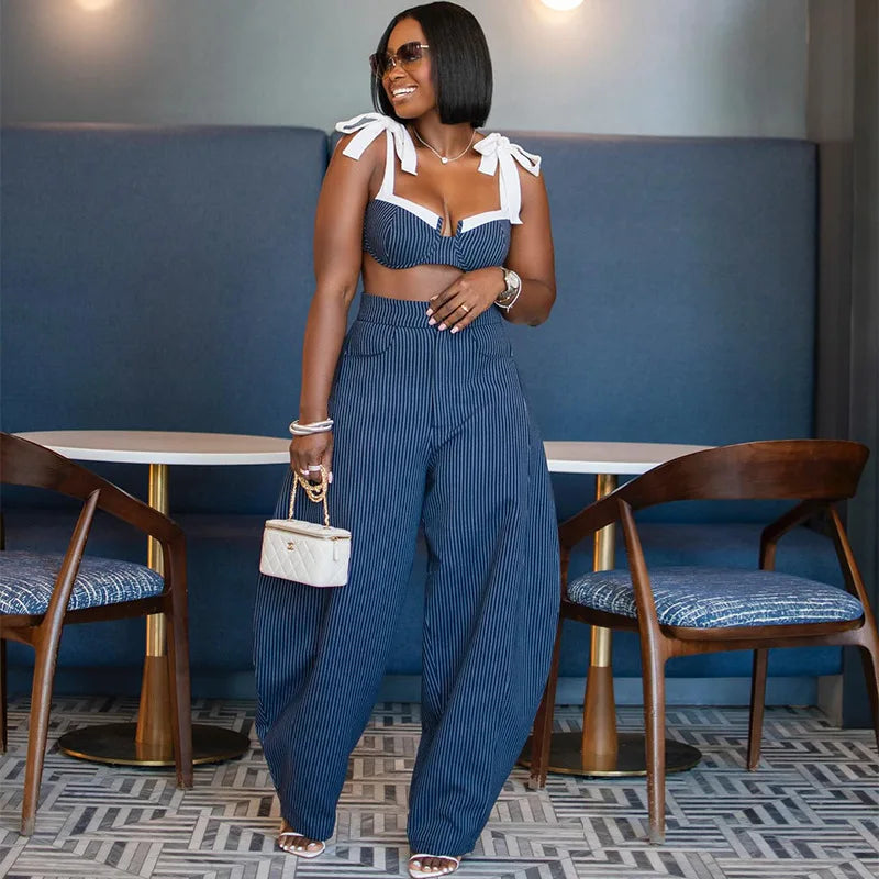 Street Women Set Striped Strapless Bow Crop Top and Long Pants 2026 Spring Party Vacation Sexy Two 2 Piece Set Outfits