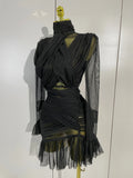 Women Evening Club Party Birthday Dresses Elegant Black High Collar Long Sleeve Solid Mesh Sexy See Through Ruffle Mini Dress