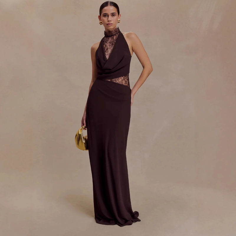 Elegant Red Brown Lace Patchwork Long Dress Women's Turtleneck Draped Collar Dresses Evening Party Wedding Guest Summer White