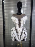 White Golden Women Sexy Mesh See Through Rhinestones Bodycon Mini Dress 3D Leaves Celebrate Nightclub Performance Costumes