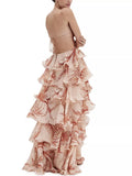 Spaghetti Strap Floor Length Dress for Women Deep V Backless Crisscross Tie Up Tiered Ruffle Floral Print for Evening Party